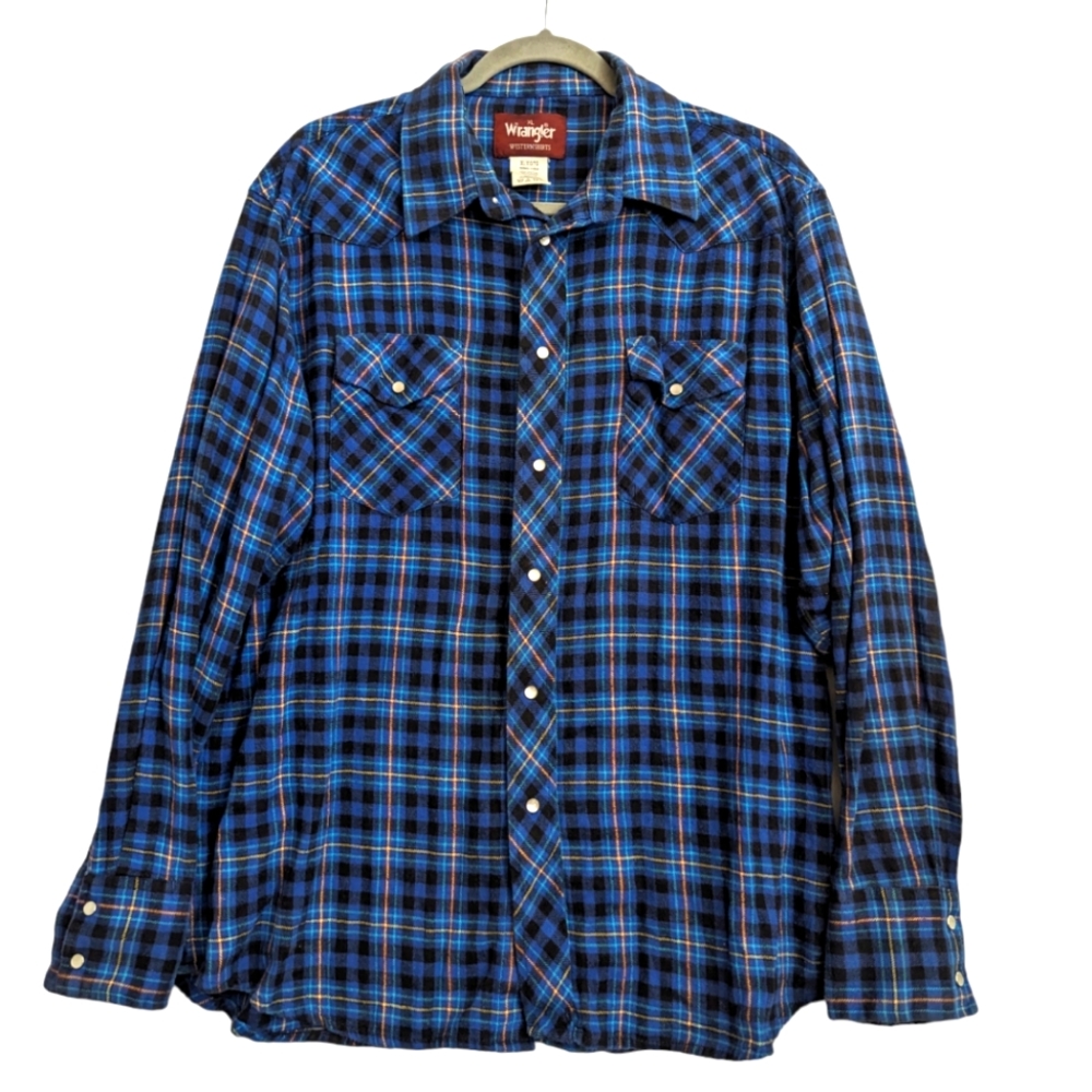 Wrangler Western Blue Plaid Pearl Snap Button Up Shirt Mens XL  Cotton